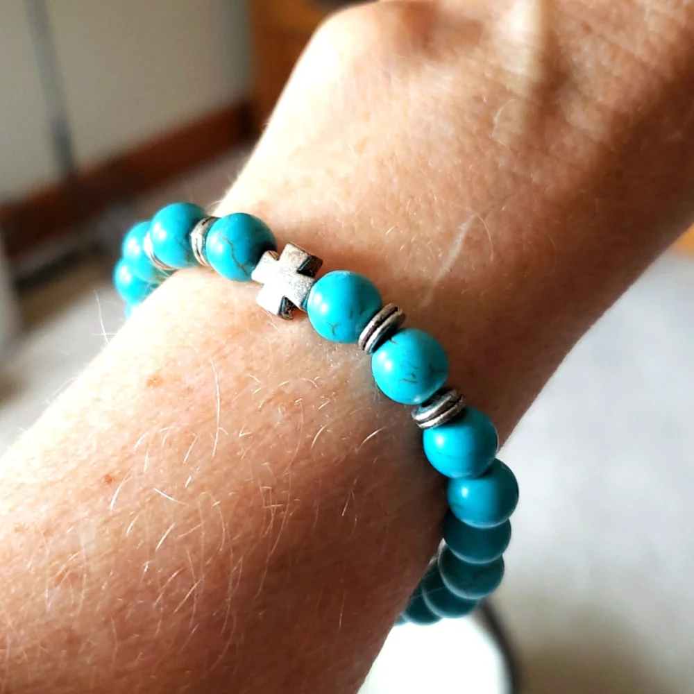 Natural Stone Beaded Bracelet Cross Charm Accent Bead
